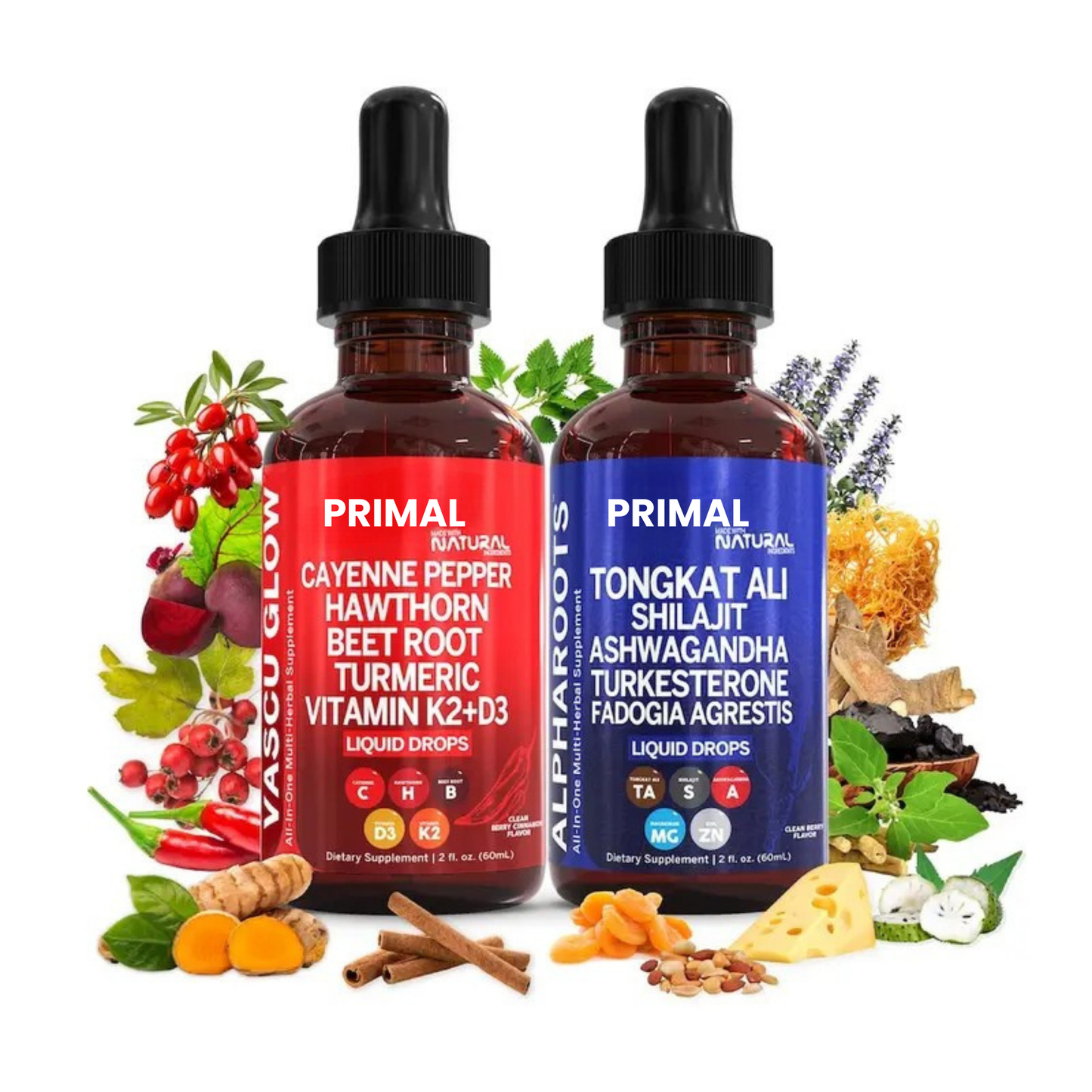 Cardio Energy Duo | Cayenne Pepper, Hawthorn, Tongkat Ali, Shilajit & More for Blood Flow & Daily Stamina Liquid Drops [Vascu Glow + Alpha Roots]
