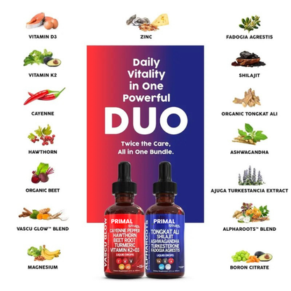 Cardio Energy Duo | Cayenne Pepper, Hawthorn, Tongkat Ali, Shilajit & More for Blood Flow & Daily Stamina Liquid Drops [Vascu Glow + Alpha Roots]