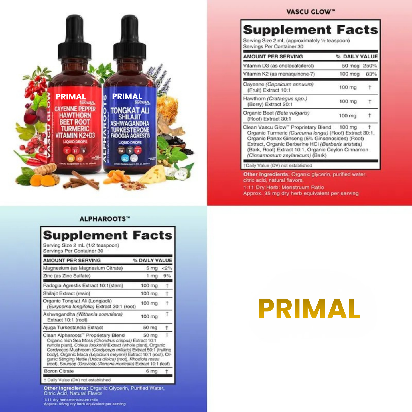 Cardio Energy Duo | Cayenne Pepper, Hawthorn, Tongkat Ali, Shilajit & More for Blood Flow & Daily Stamina Liquid Drops [Vascu Glow + Alpha Roots]